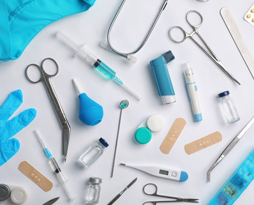 Many Different Medical Objects On Light Background, Flat Lay
